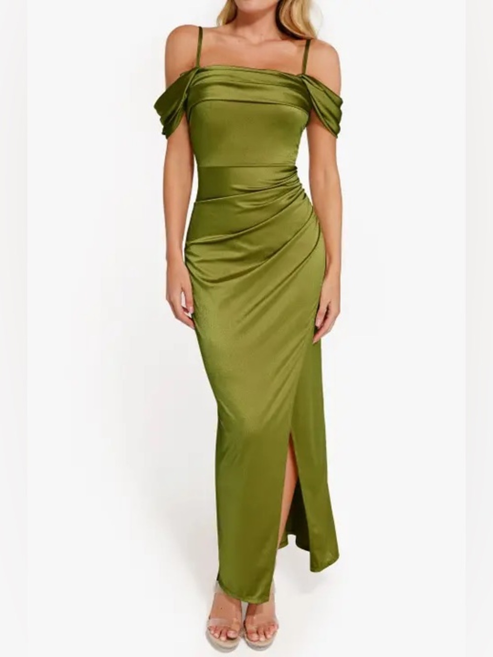 Popilush Liquid Metallic Off Shoulder Ruched Sculpting Maxi Shapewear Dress M